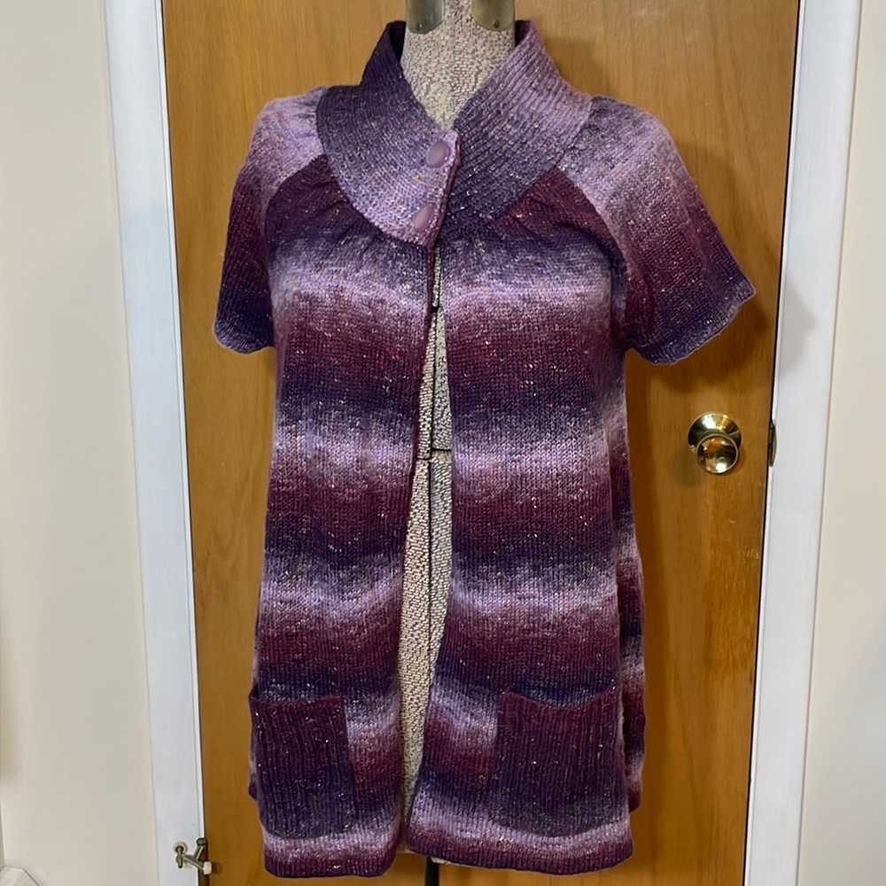 Dressbarn Womens XL Purple Knit Short Sleeve Cardigan Closure At Neck
